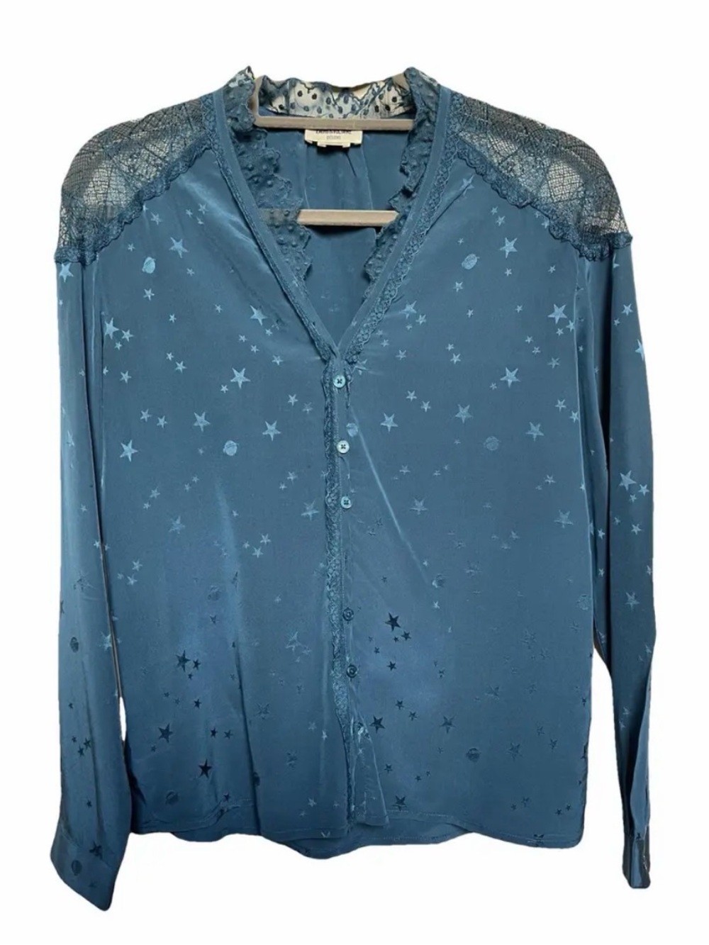 Zadig & Voltaire Silk and Lace Teal Stars-Print Lace-Shoulder Button Blouse